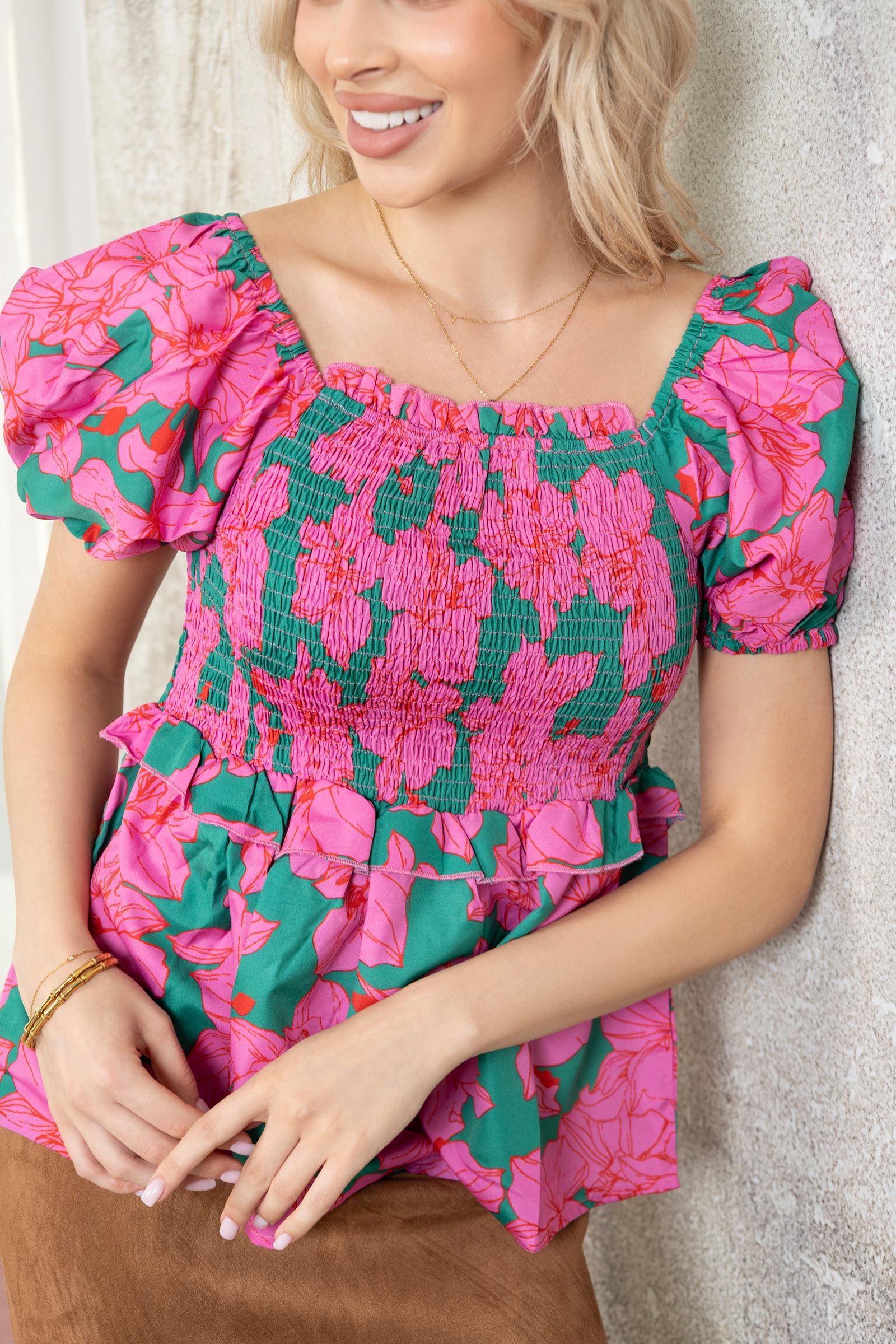 Hibiscus Cove Top In Pink And Green