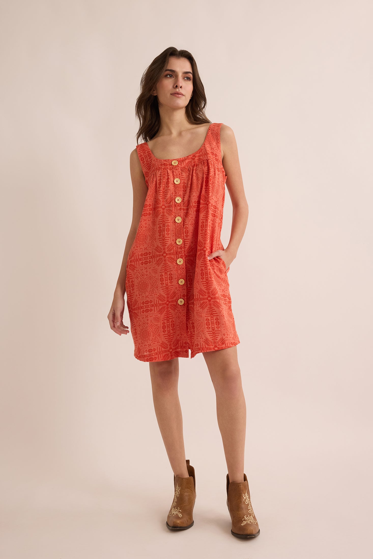 Talia Tribal Pattern Dress In Peach