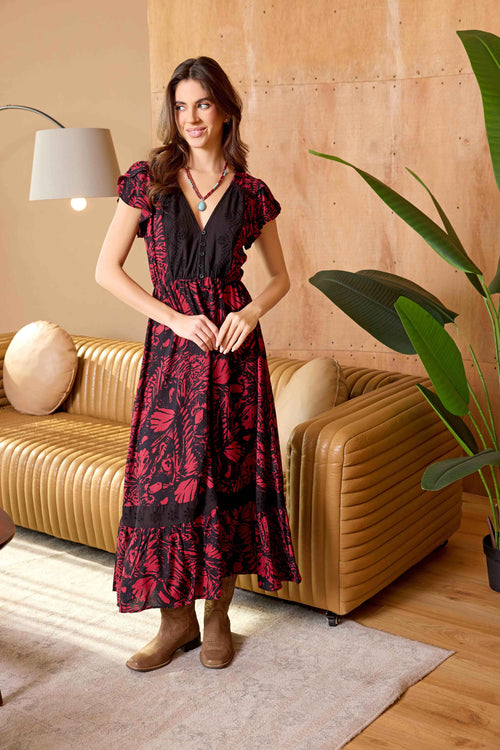 Bohera Songbloom V-Neck Sleevless Maxi Dress in Deep Rouge
