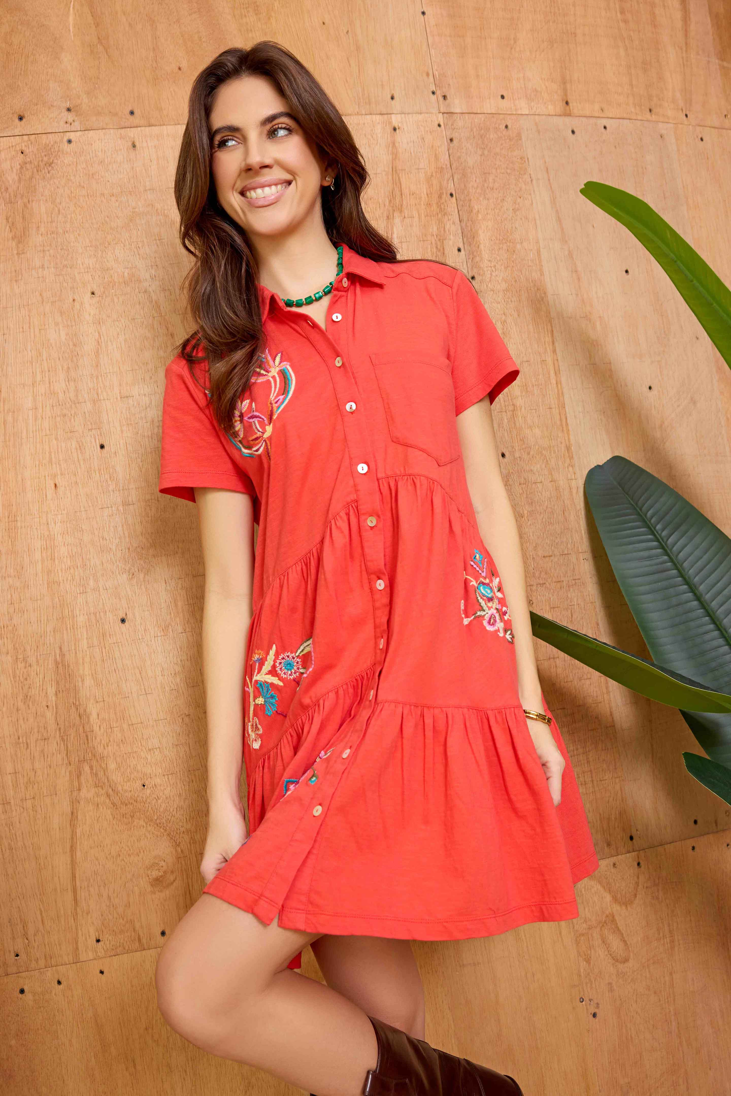 Bohera Sunweave Embroidered Button-Front Tiered Midi Dress in Canyon Ember