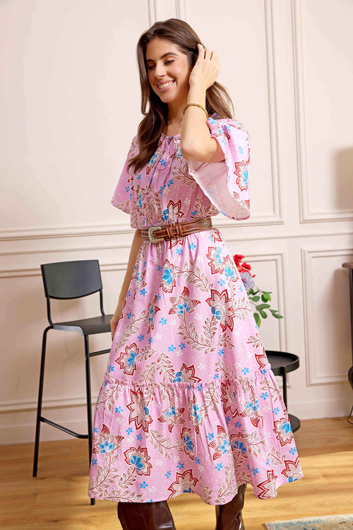 Bohera Floral Crest Midi Dress with Front Tie in Blush Pink