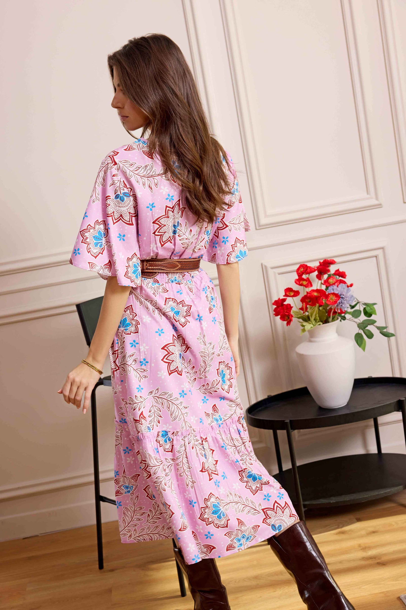 Bohera Floral Crest Midi Dress with Front Tie in Blush Pink