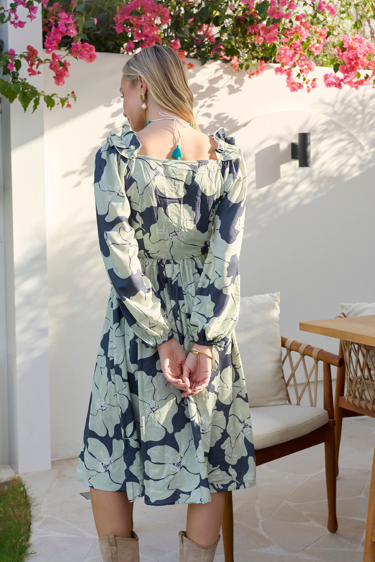 Wildmint Ruffle Smocking Dress in Beige & Light Cream