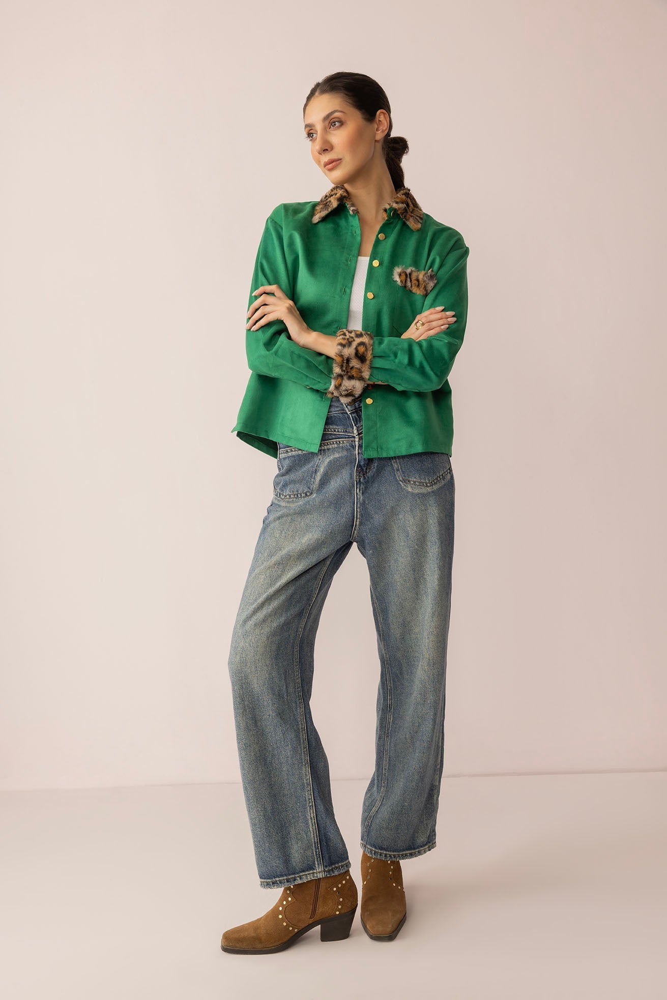 Sienna Rose Women's Shirt in Green with Fur