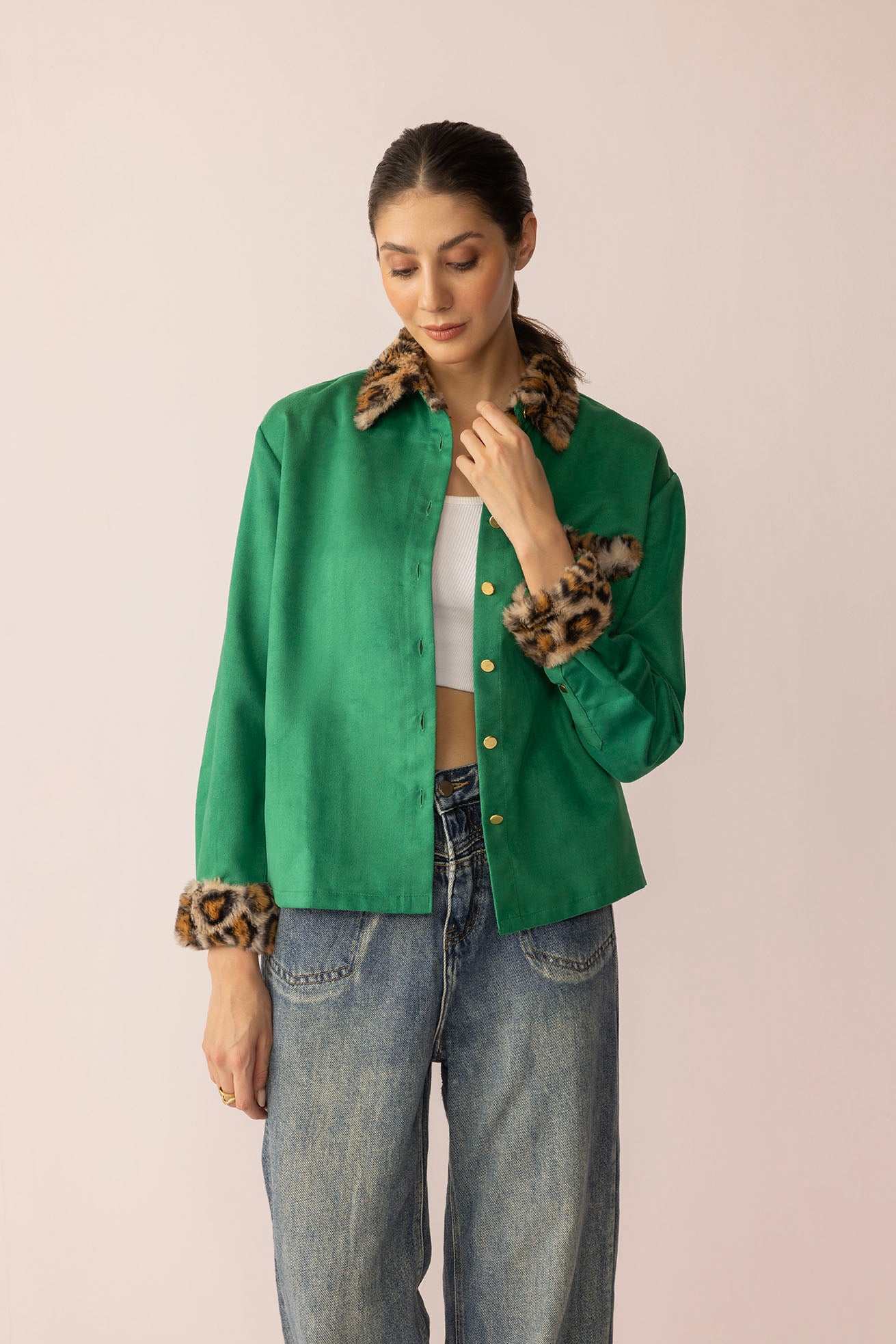Sienna Rose Women's Shirt in Green with Fur
