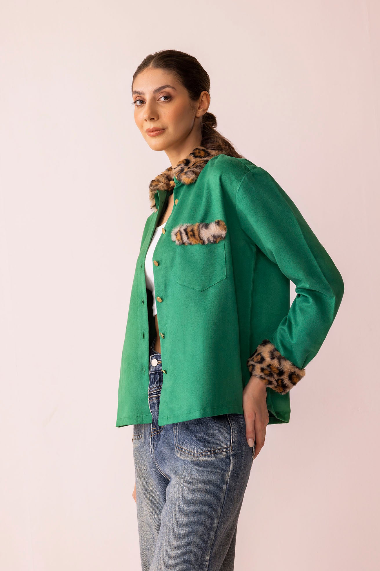 Sienna Rose Women's Shirt in Green with Fur
