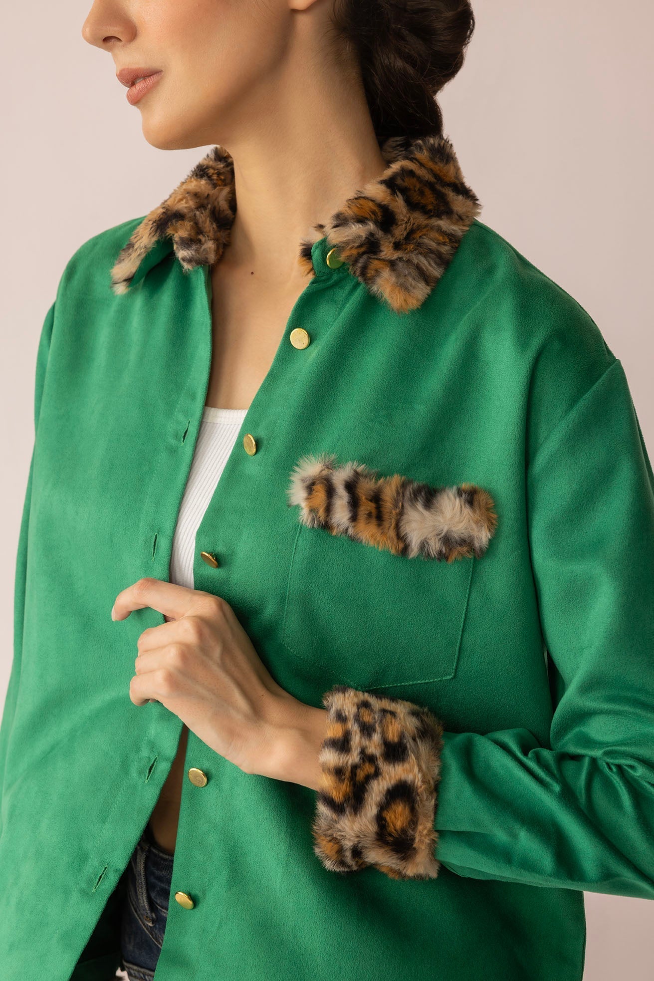 Sienna Rose Women's Shirt in Green with Fur
