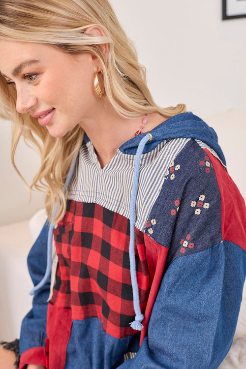The Americana Patchwork Hoodie in Cherry Denim