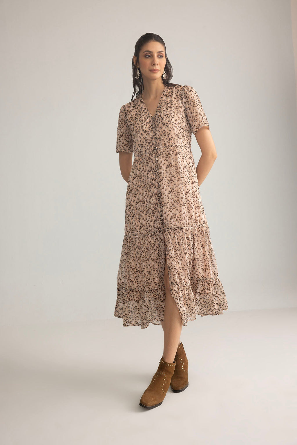 knee length dresses for ladies Pomodoro Buttercup Khaki Ditsy Button Through Drawstring Waisted Midi main image 1