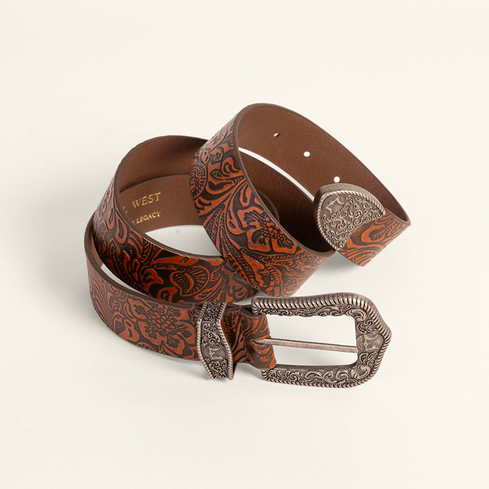 Loyal West Sophia Belt - Brown Floral Leather