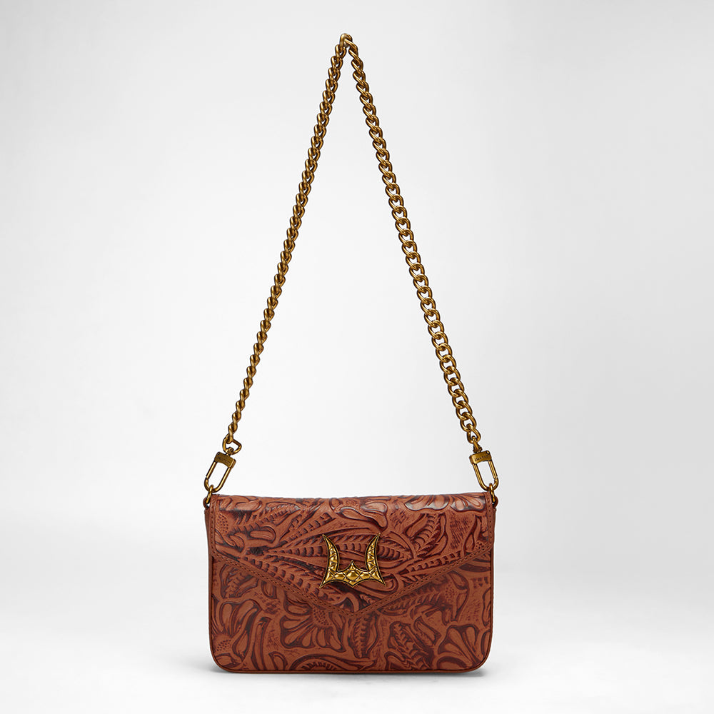 Loyal West On The Go Mini Chain Bag In Hand Finished Embossed Leather - Brown