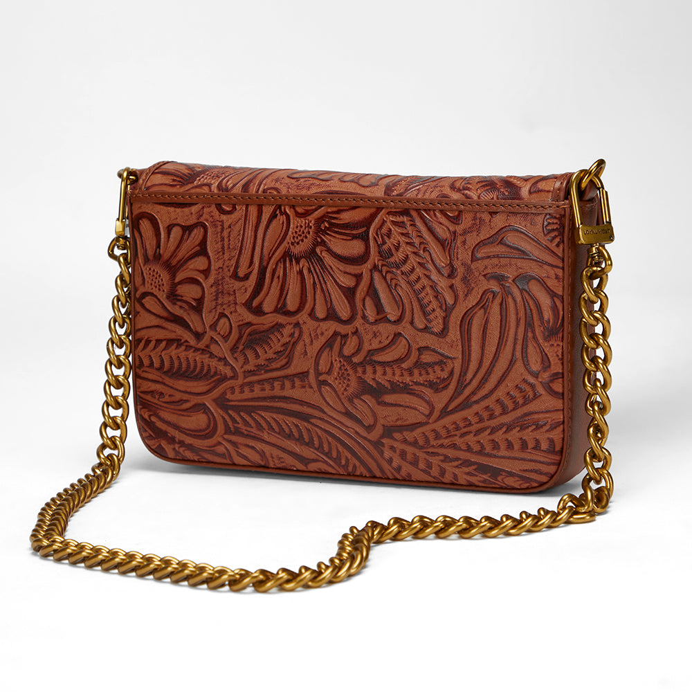 Loyal West On The Go Mini Chain Bag In Hand Finished Embossed Leather - Brown