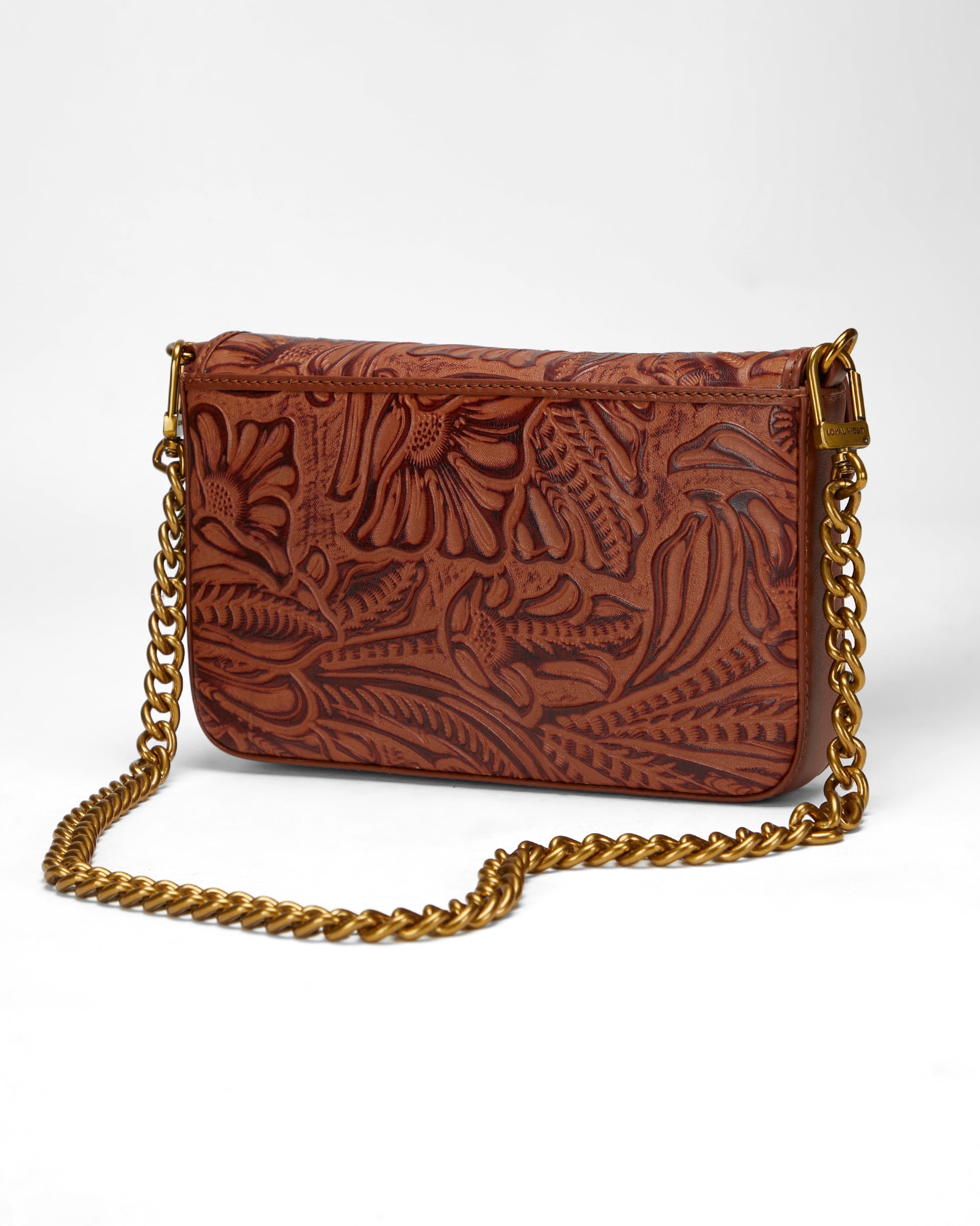 Loyal West On The Go Mini Chain Bag In Hand Finished Embossed Leather - Brown