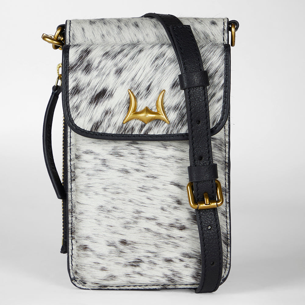 Loyal West Shell Phone Bag In Black And White Cowhide