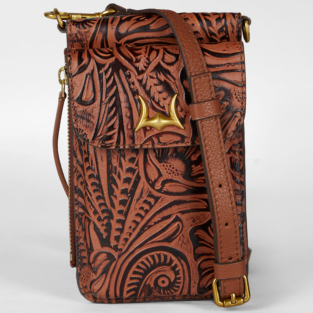 Loyal West Shell Phone Bag  In Hand Finished Embossed Leather - Brown