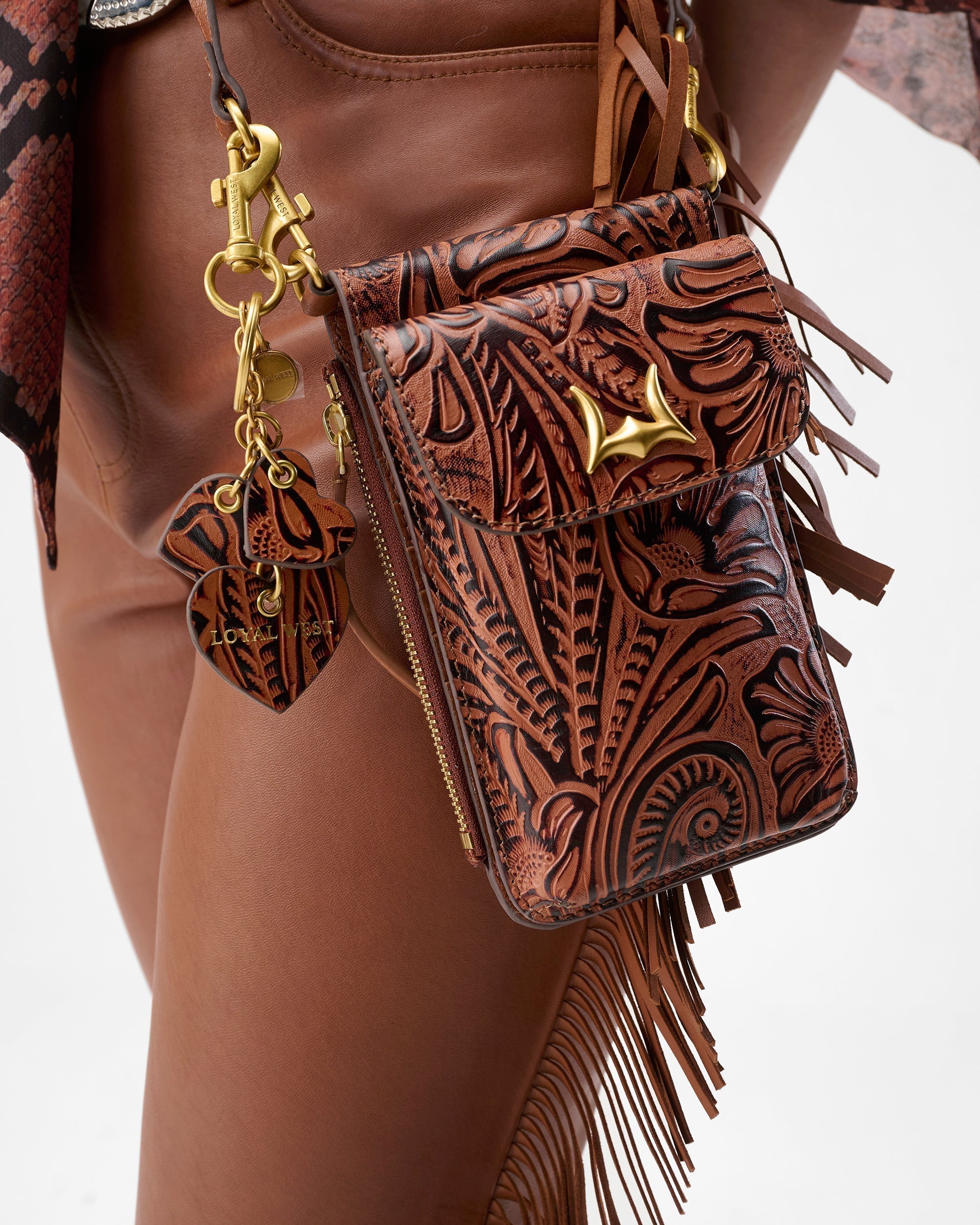 Loyal West Heart Shape Keychain In Hand Finished Embossed Leather -  Brown
