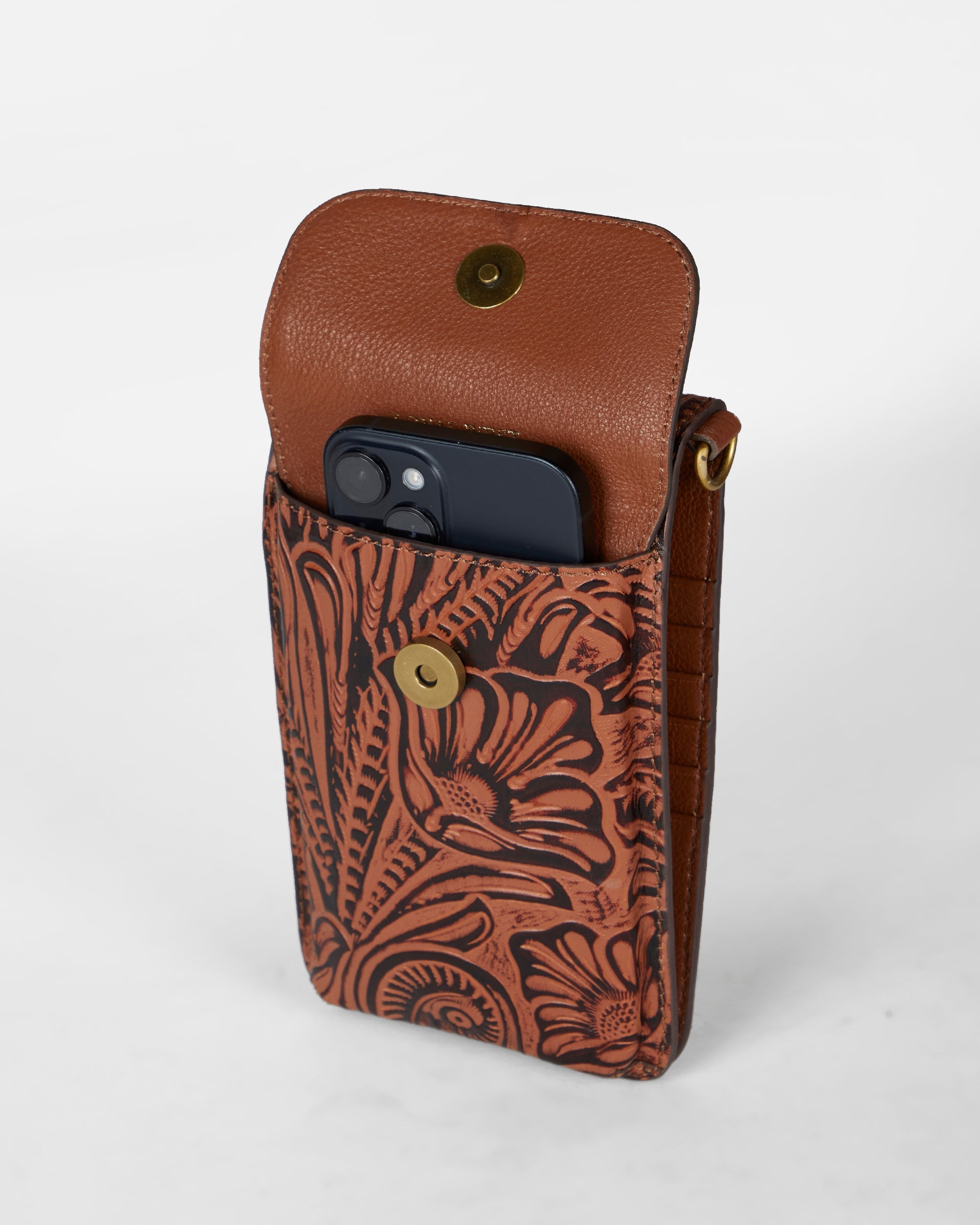 Loyal West Shell Phone Bag  In Hand Finished Embossed Leather - Brown