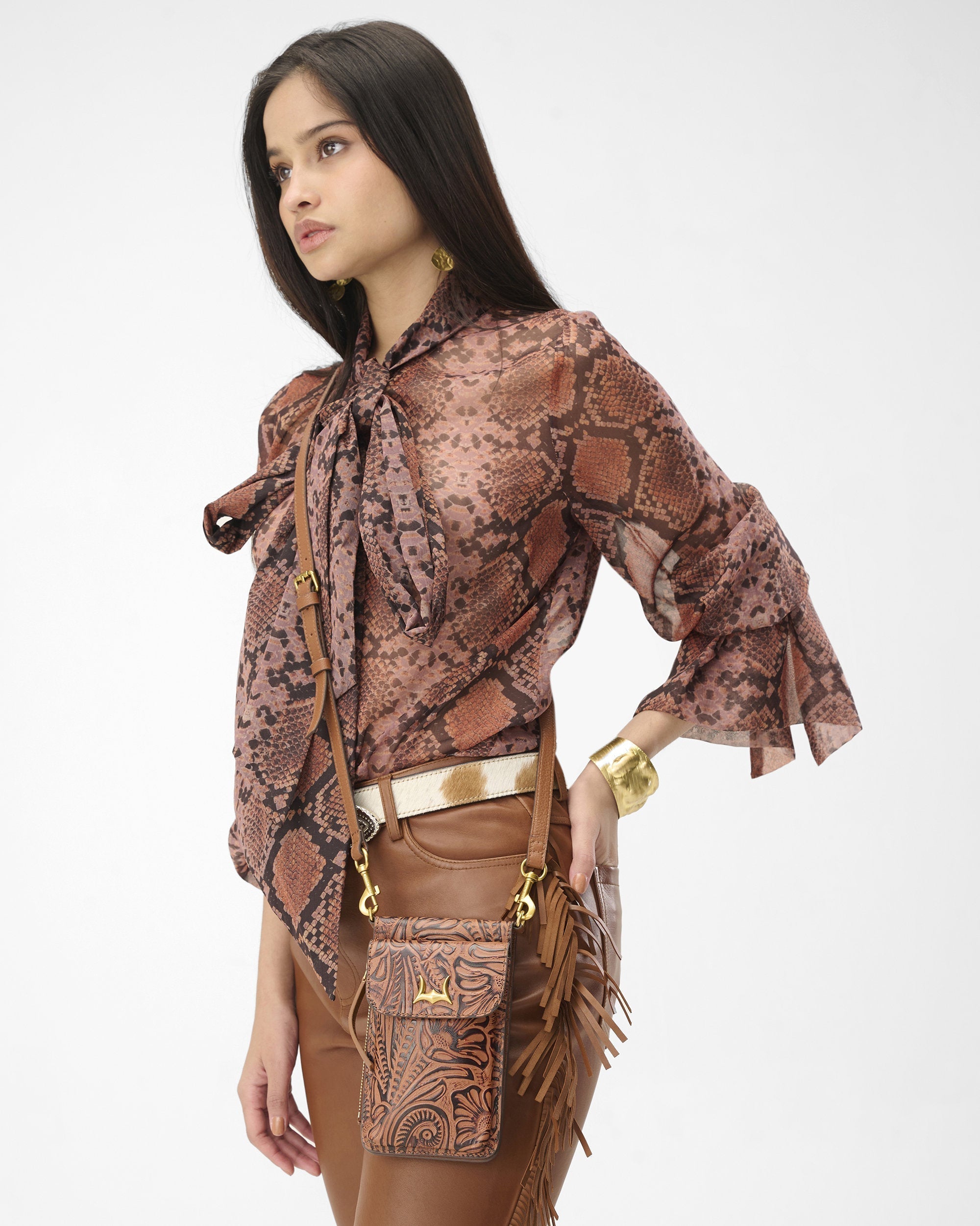 Loyal West Shell Phone Bag  In Hand Finished Embossed Leather - Brown