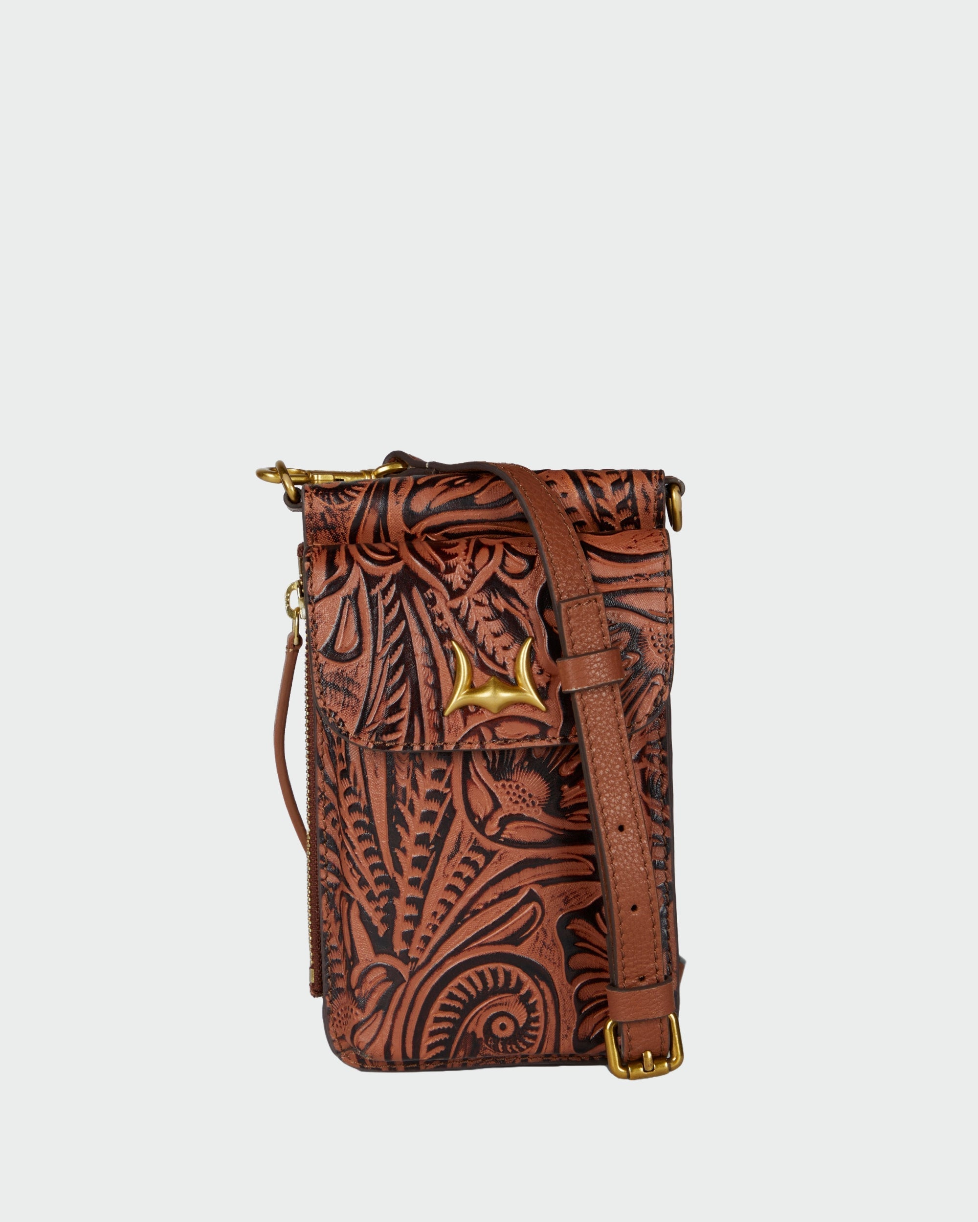 Loyal West Shell Phone Bag  In Hand Finished Embossed Leather - Brown