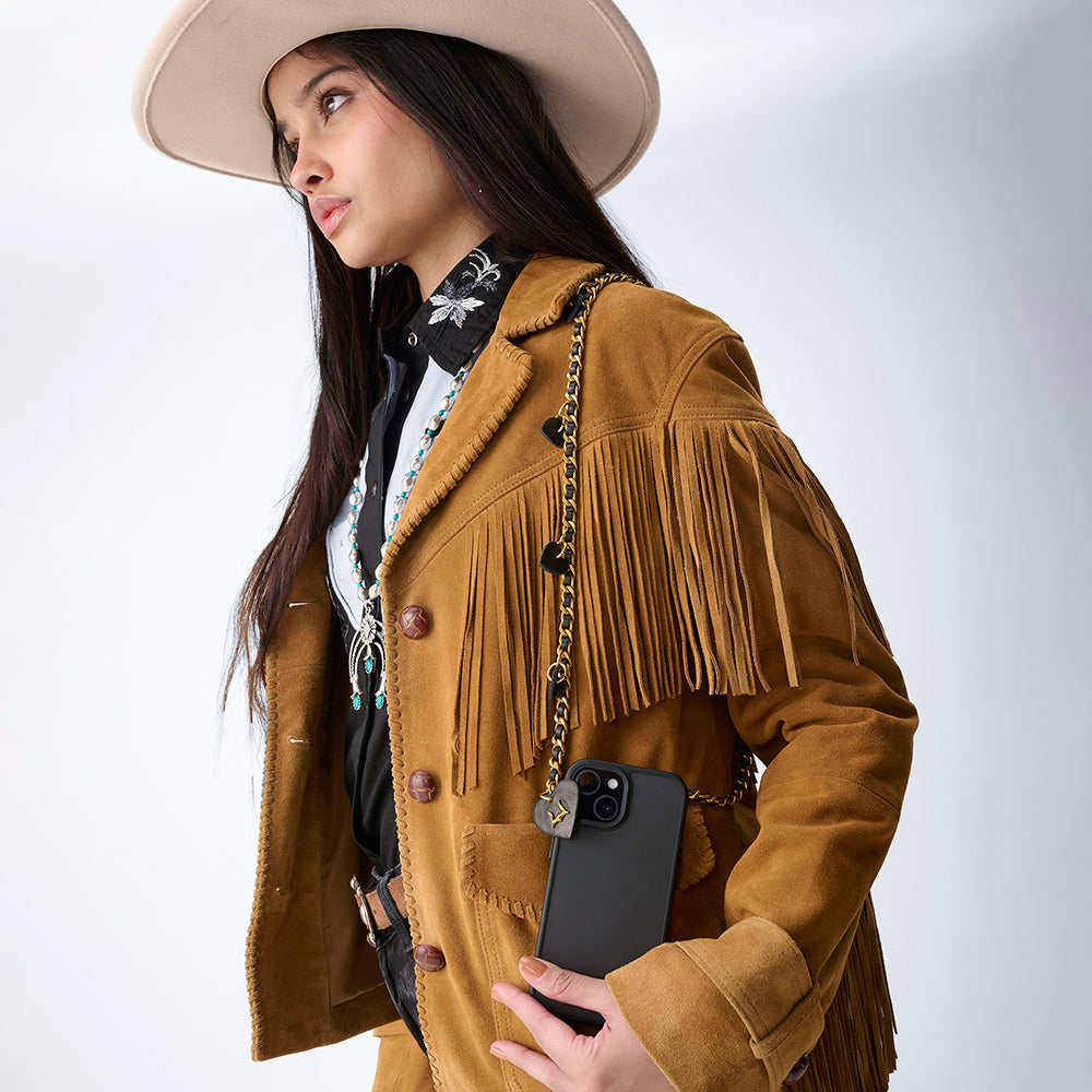 Loyal West Heart Charm Chain In Black Calf Leather (2 In 1 Crossbody Chain)