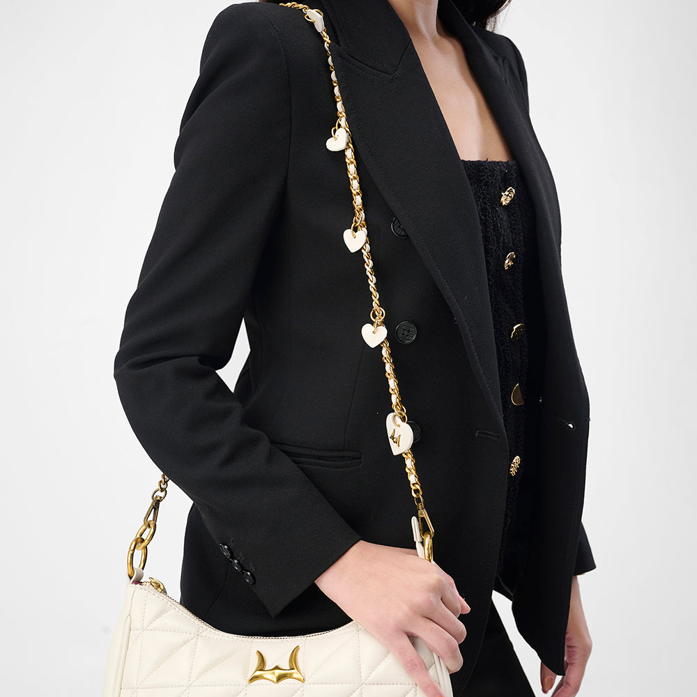 Loyal West Heart Charm Chain In White Calf Leather (2 In 1 Crossbody Chain)