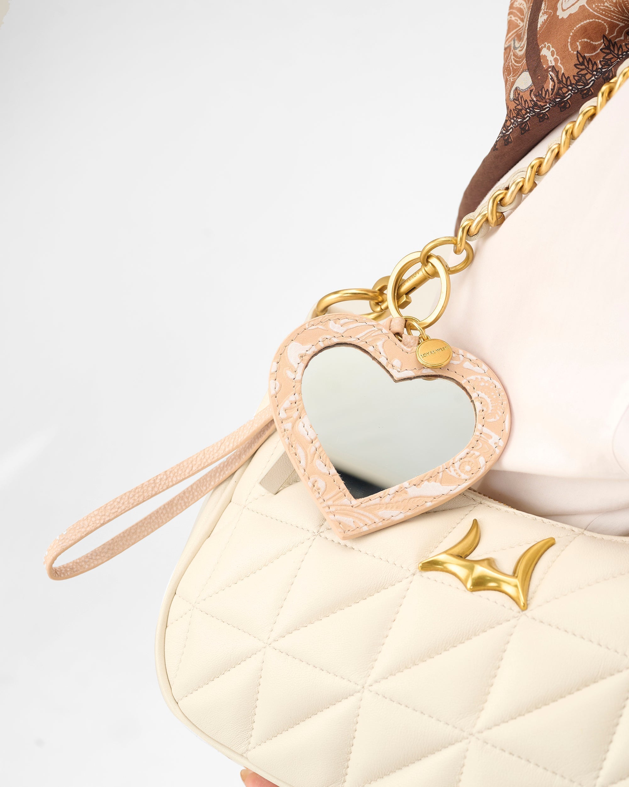 Loyal West Heart Shape Bag Charm In Hand Finished Embossed Leather - White