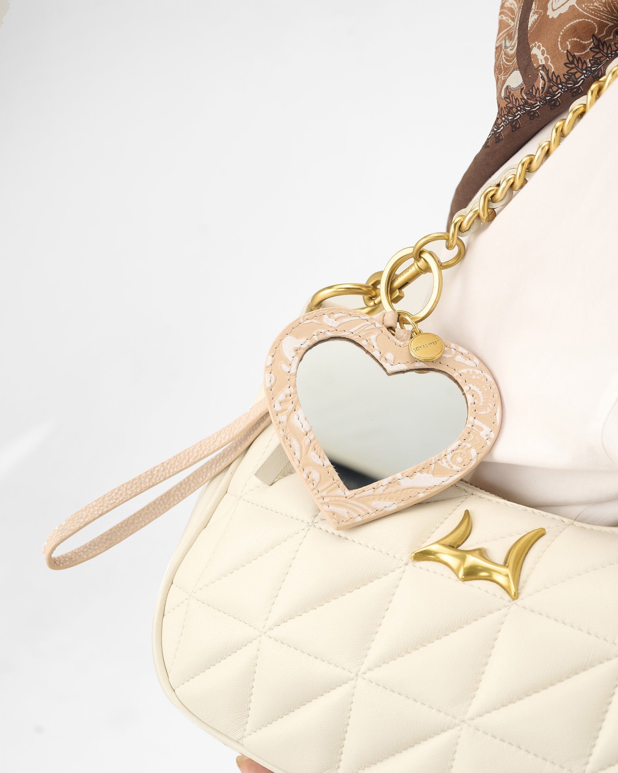 Loyal West Heart Shape Bag Charm In Hand Finished Embossed Leather - White