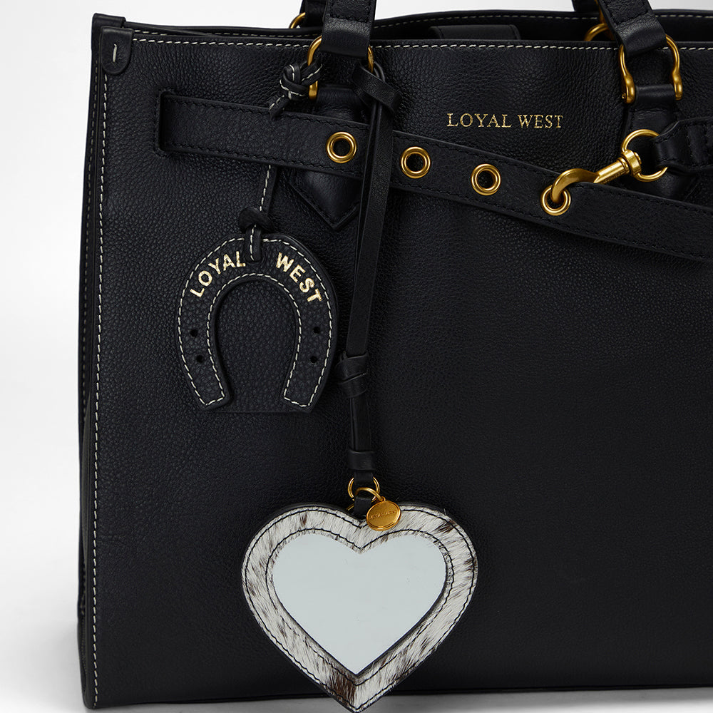 Loyal West Heart Shape Bag Charm In Black & White Cowhide