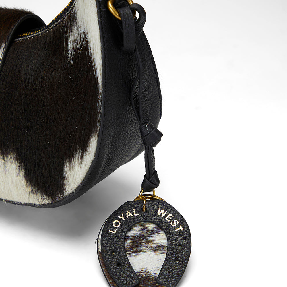 Loyal West Horse Shoe Bag Charm In Black & White Cowhide