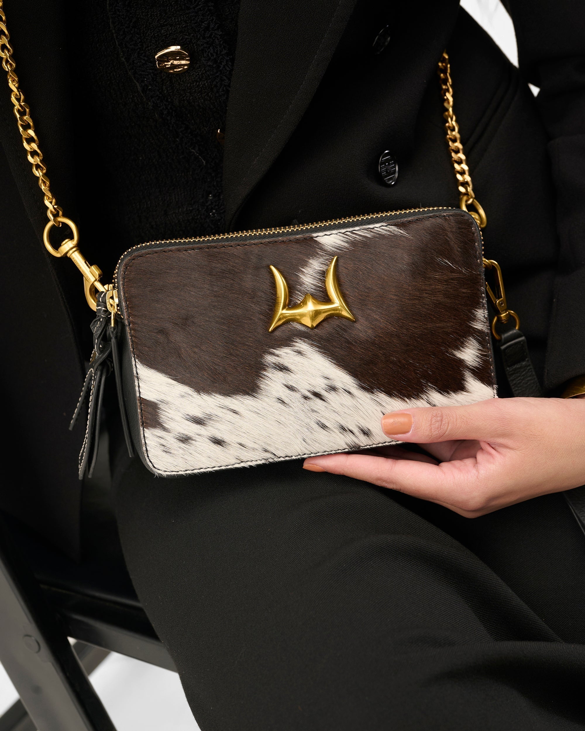 Loyal West Shell Mini Purse In Black & White Cowhide