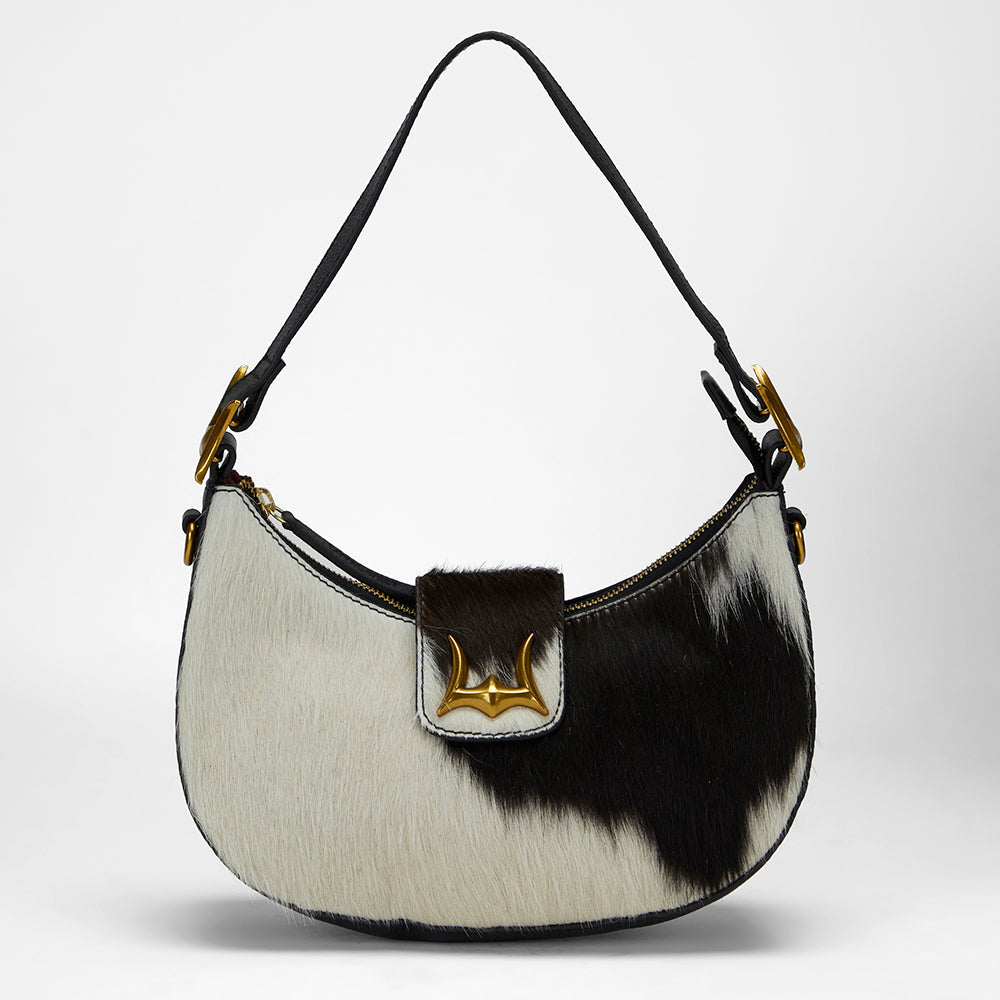 Loyal West Hobo Medium Purse In Black & White Cowhide