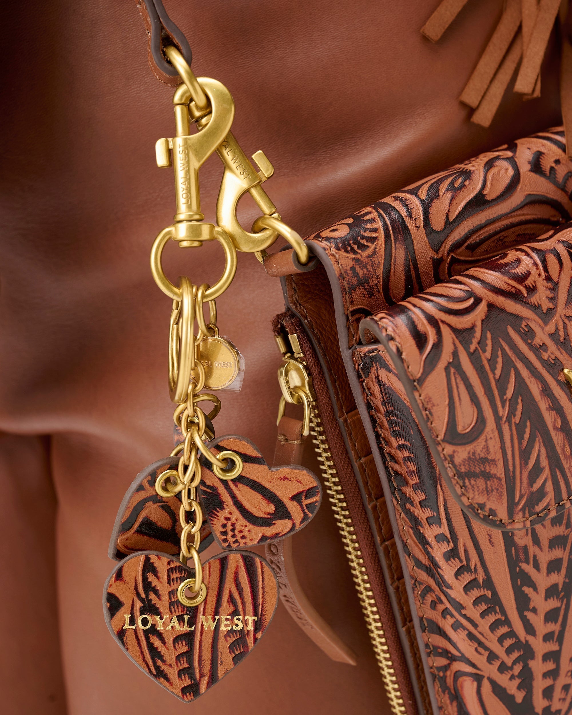 Loyal West Heart Shape Keychain In Hand Finished Embossed Leather -  Brown