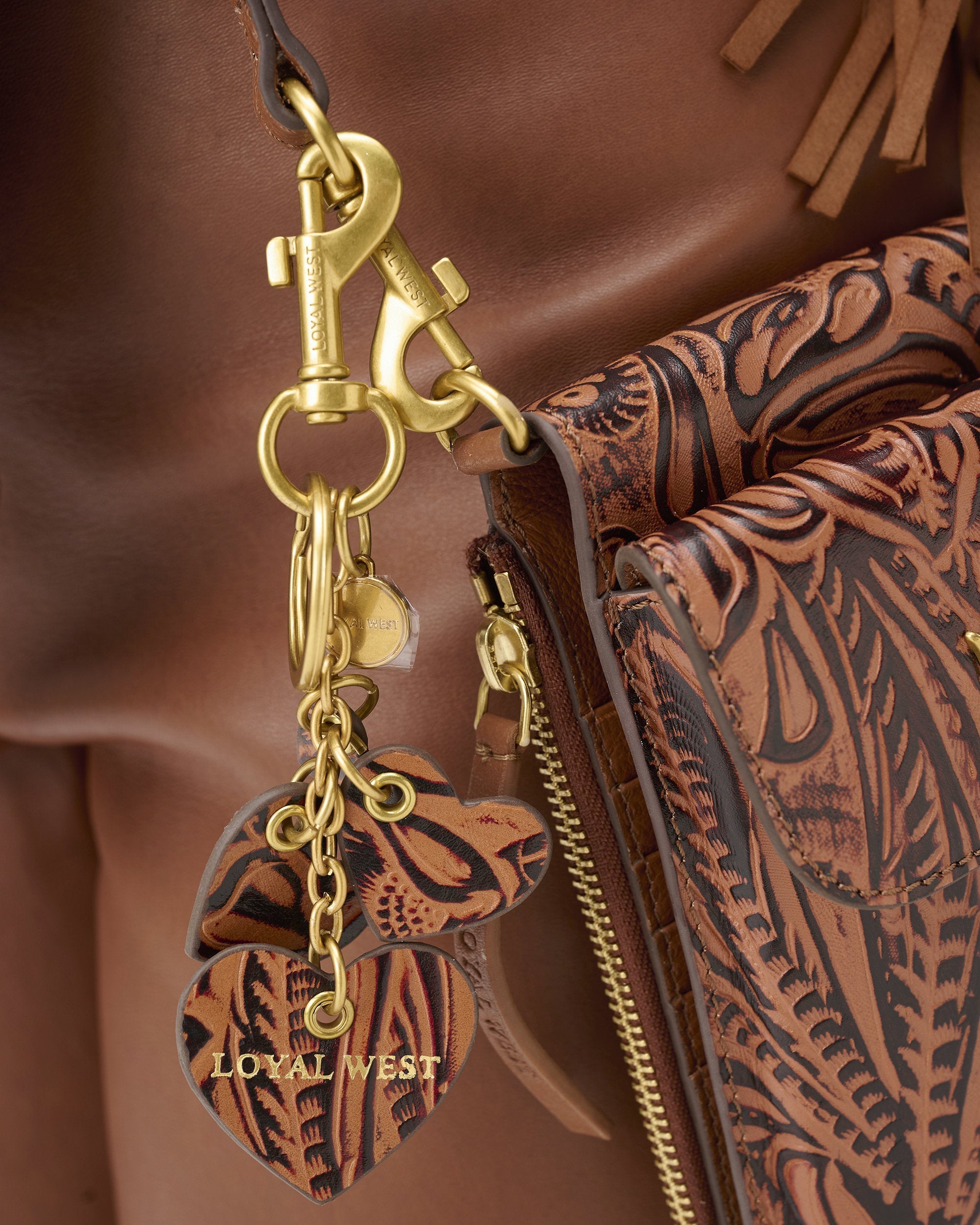 Loyal West Heart Shape Keychain In Hand Finished Embossed Leather -  Brown