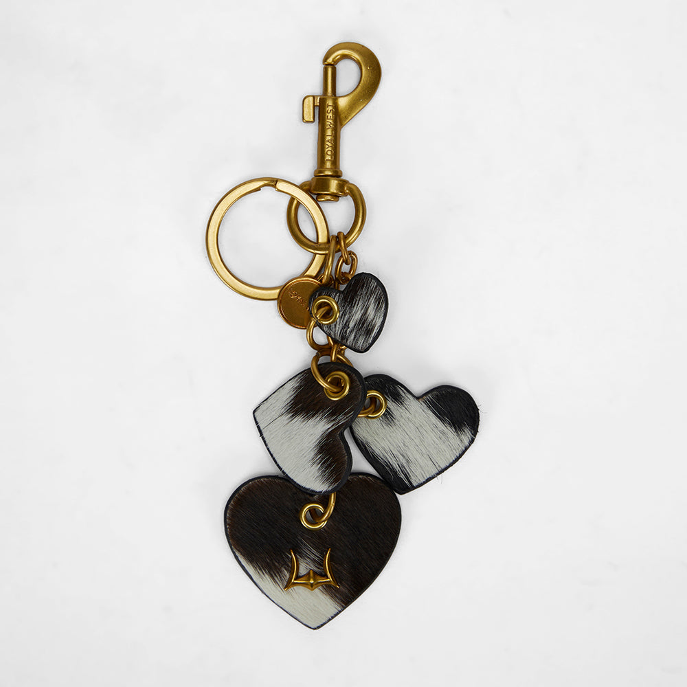 Loyal West Heart Shape Keychain In Black & White Cowhide Leather