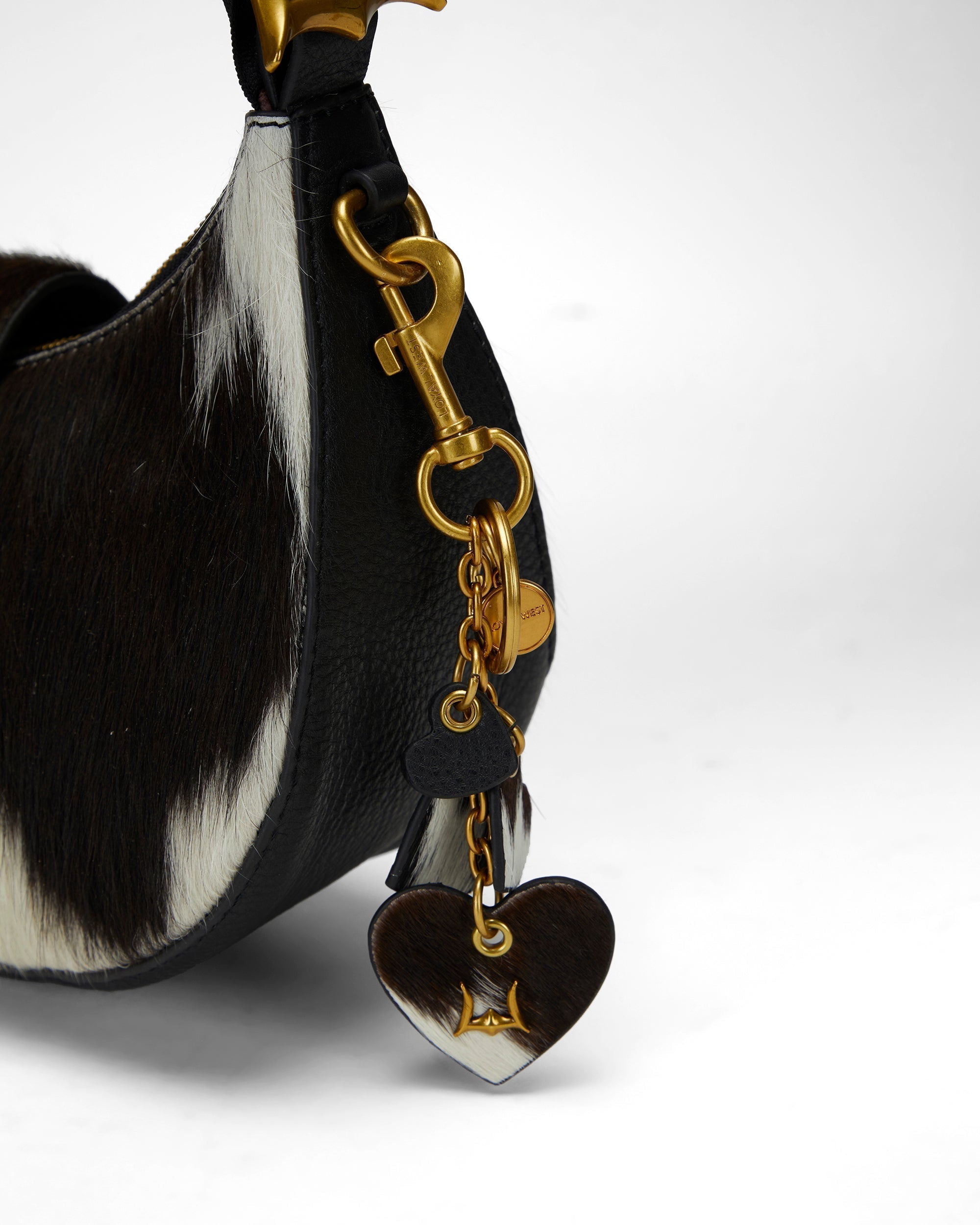 Loyal West Heart Shape Keychain In Black & White Cowhide Leather