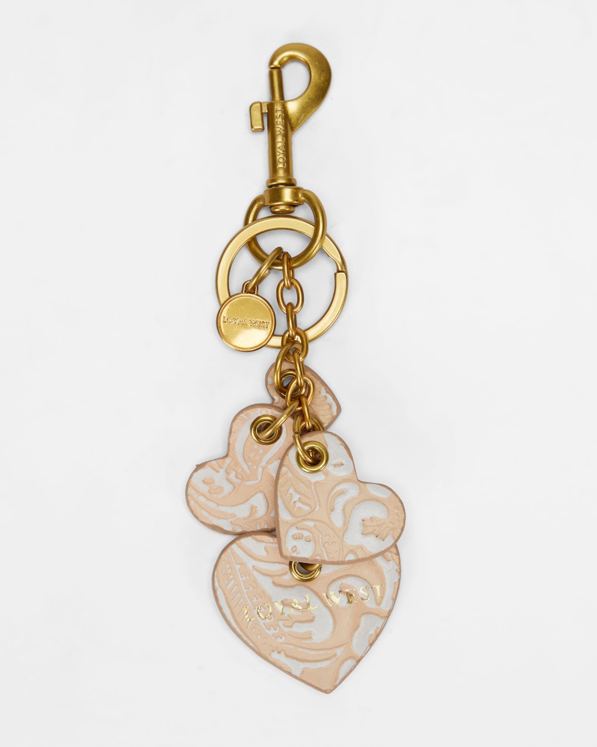 Loyal West Heart Shape Keychain In Hand Finished Embossed Leather - White