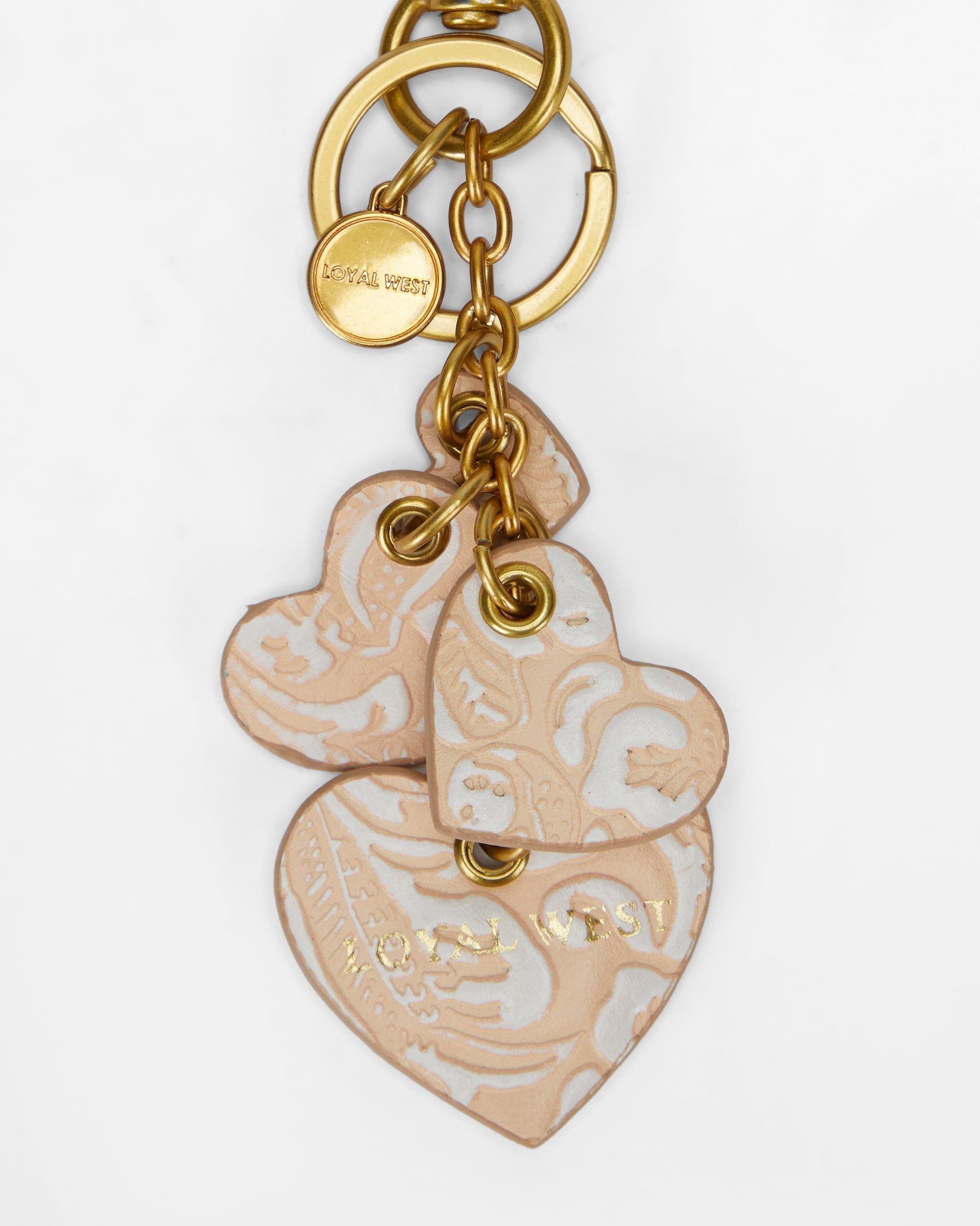 Loyal West Heart Shape Keychain In Hand Finished Embossed Leather - White