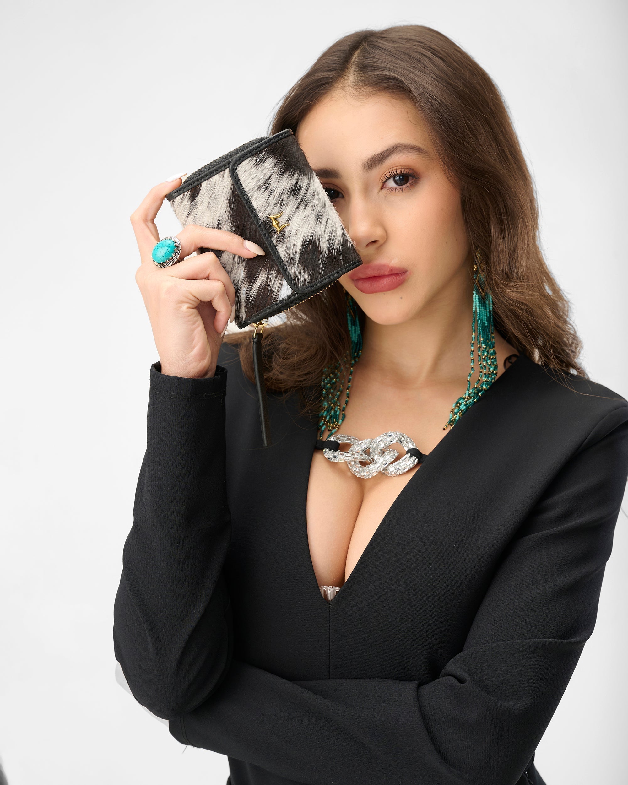 Loyal West Sophia Card Holder In Black & White Cowhide
