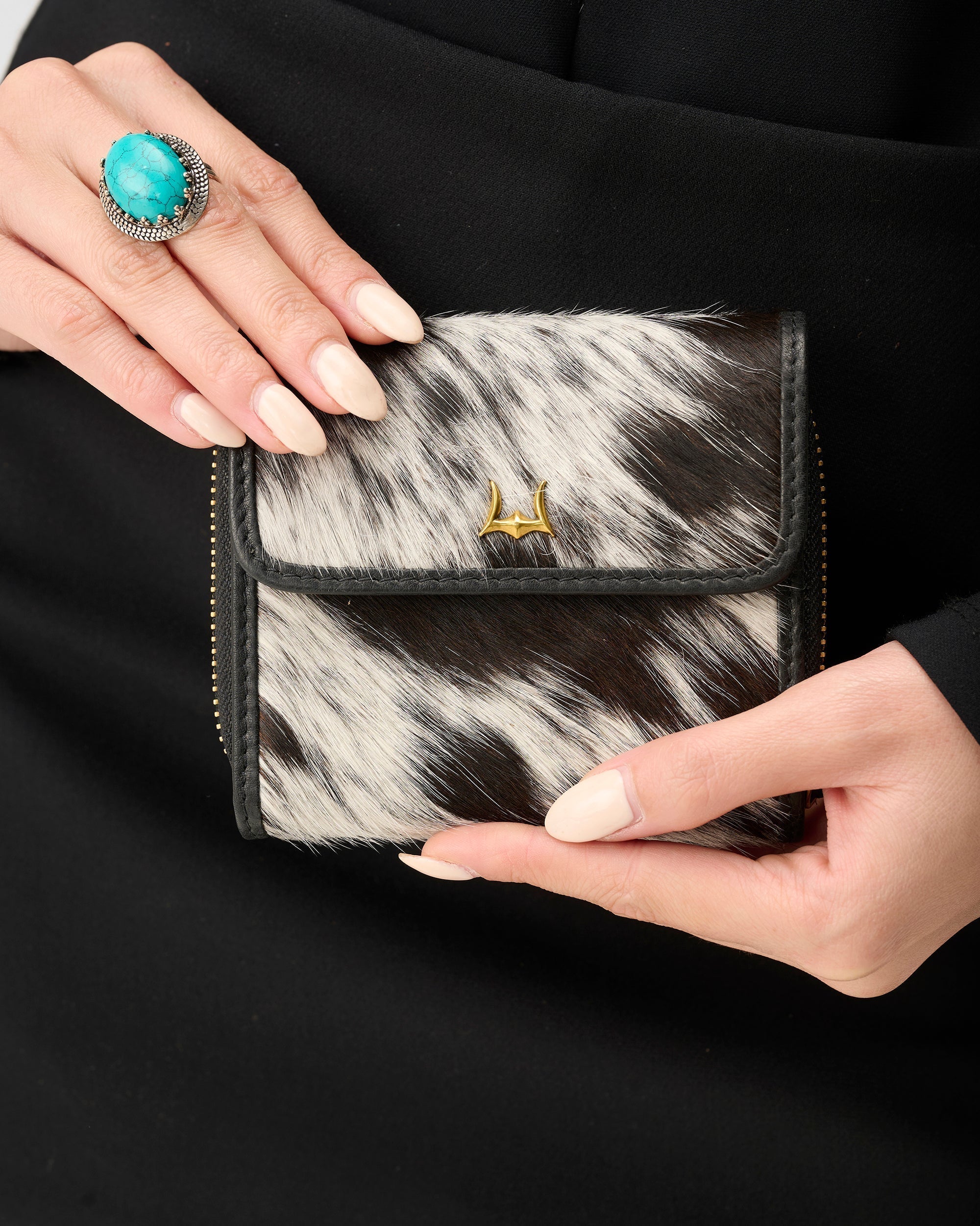 Loyal West Sophia Card Holder In Black & White Cowhide