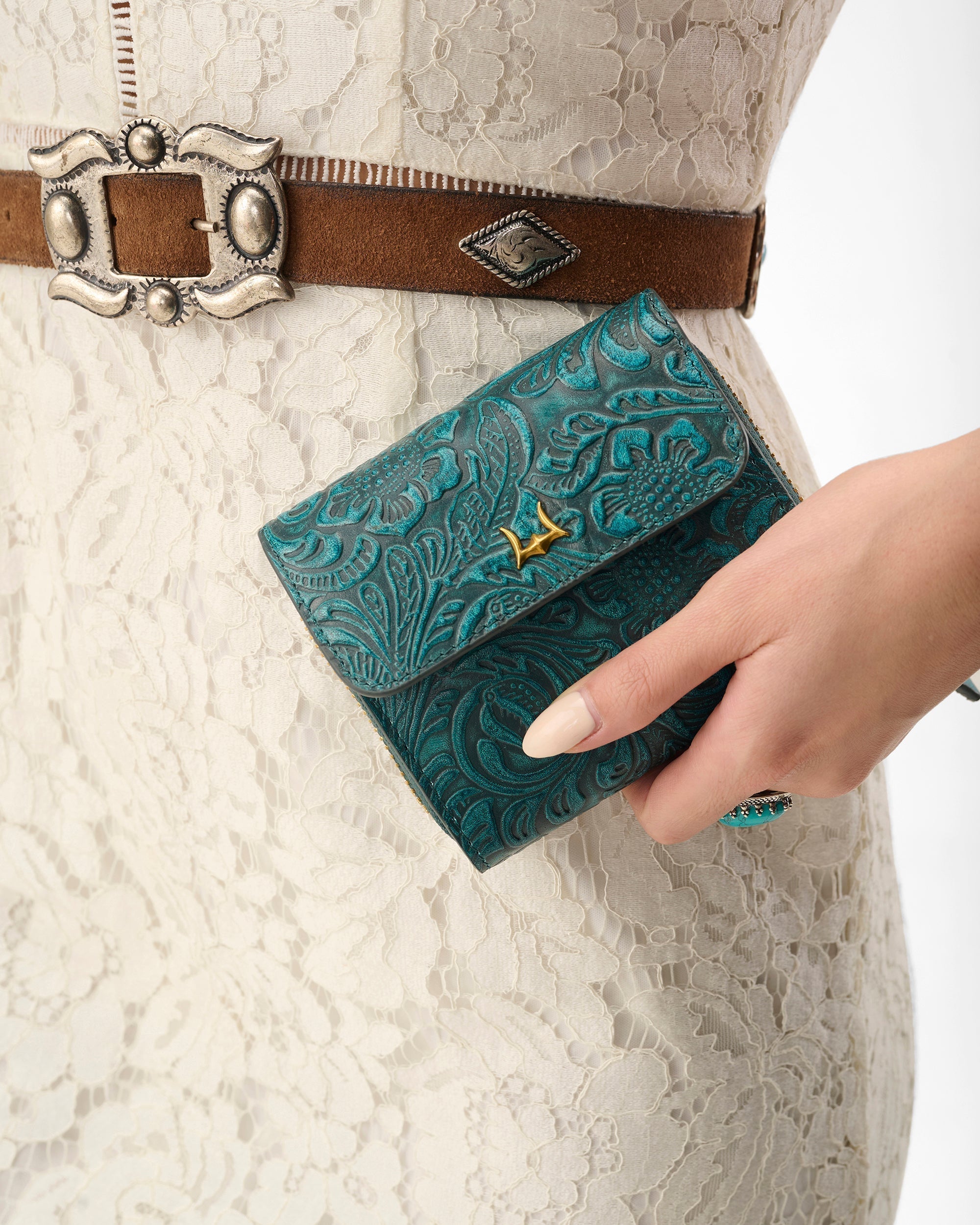 Loyal West Sophia Card Holder In Hand Finished Embossed Leather -  Turquoise