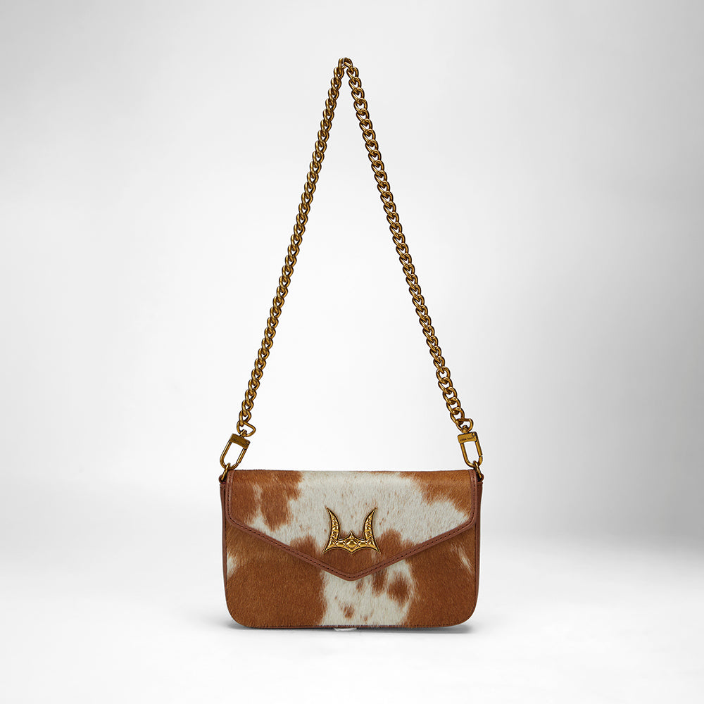 Loyal West The On The Go Mini Chain Bag- In Brown & White Cowhide And Calfskin