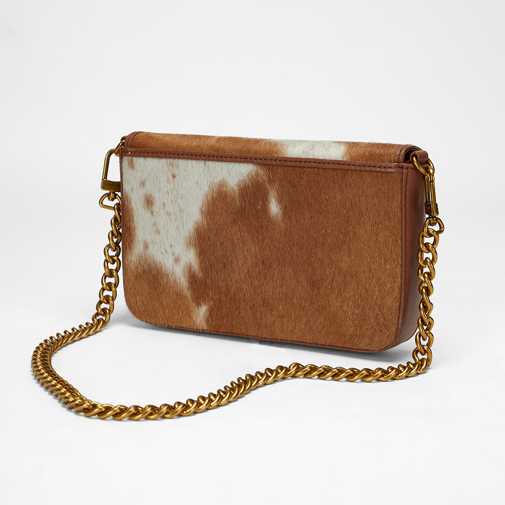 Loyal West The On The Go Mini Chain Bag- In Brown & White Cowhide And Calfskin