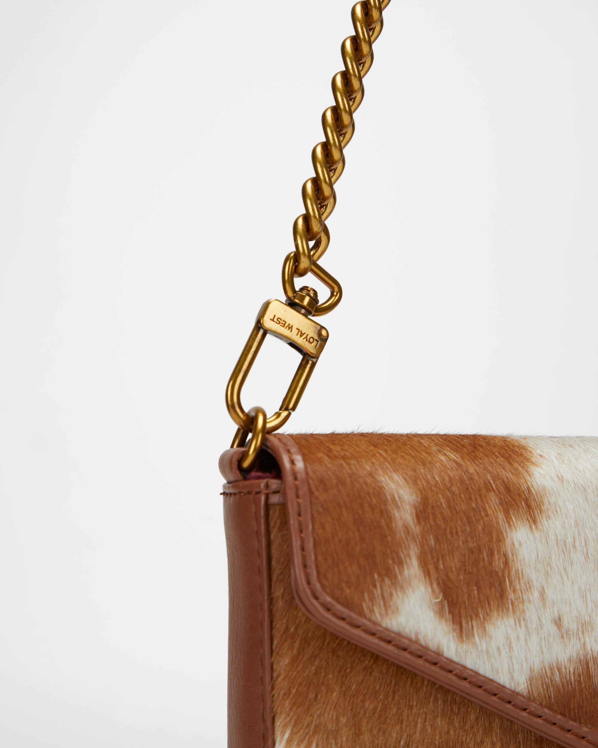 Loyal West The On The Go Mini Chain Bag- In Brown & White Cowhide And Calfskin