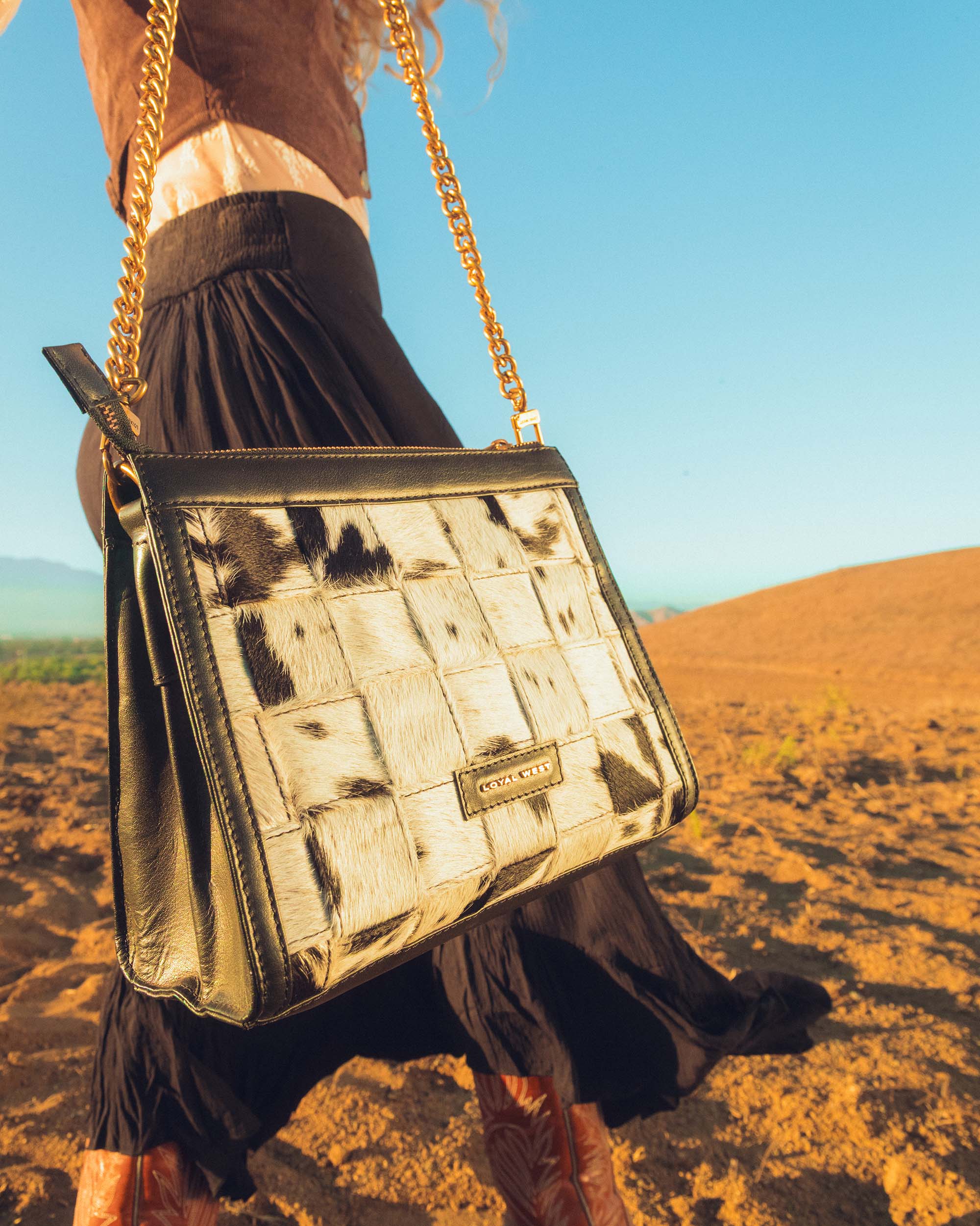 LOYAL WEST SCRAPPY MEDIUM CHAIN BAG IN COWHIDE AND BLACK CALFSKIN