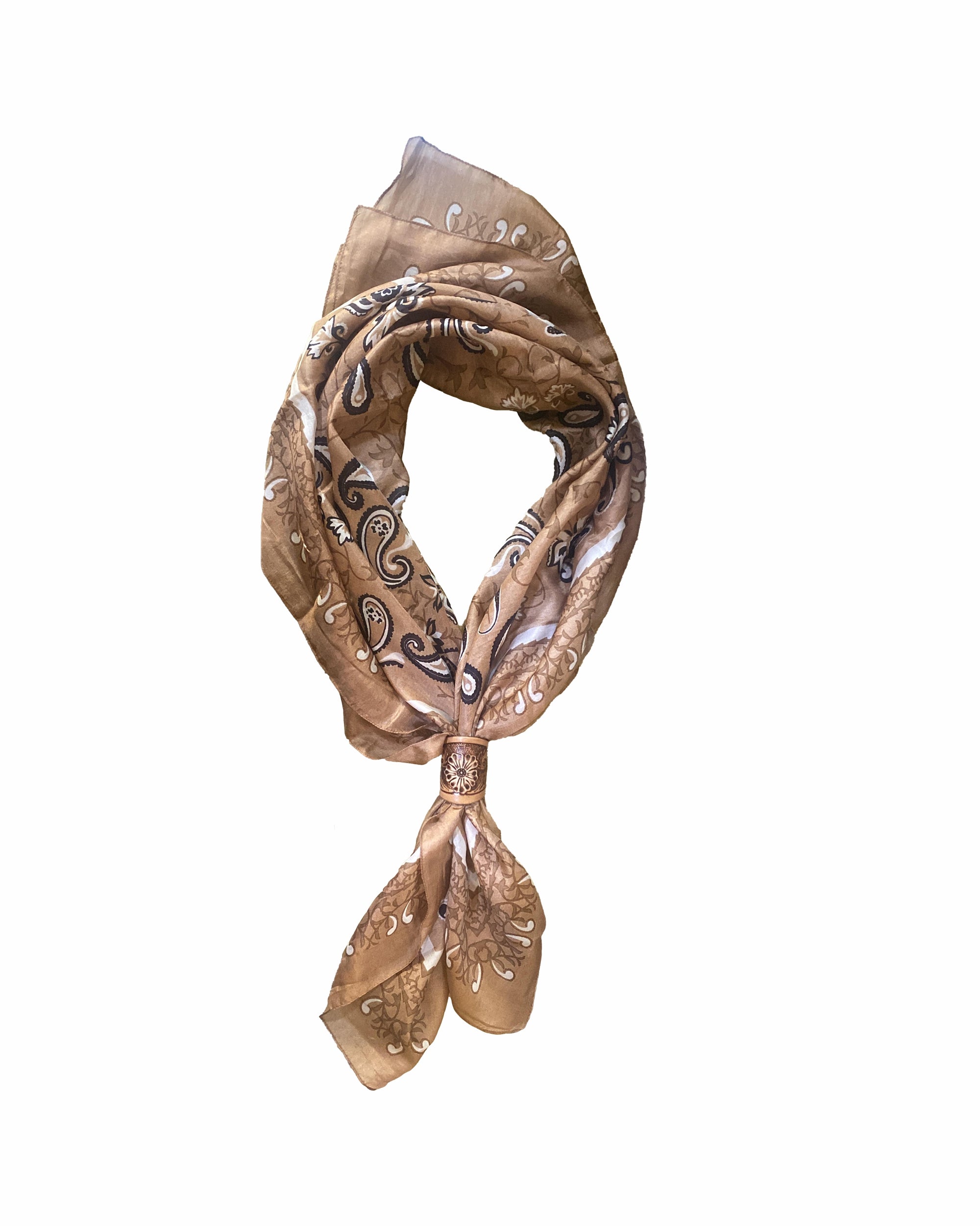 Loyal West Bandana Canyon Silk Scarves With Handtooled Leather Slider - Saddle Brown