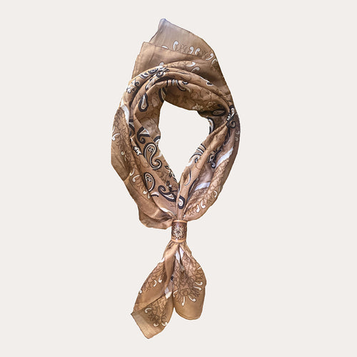 Bandana Canyon Silk Scarves With Handtooled Leather Slider - Saddle Brown