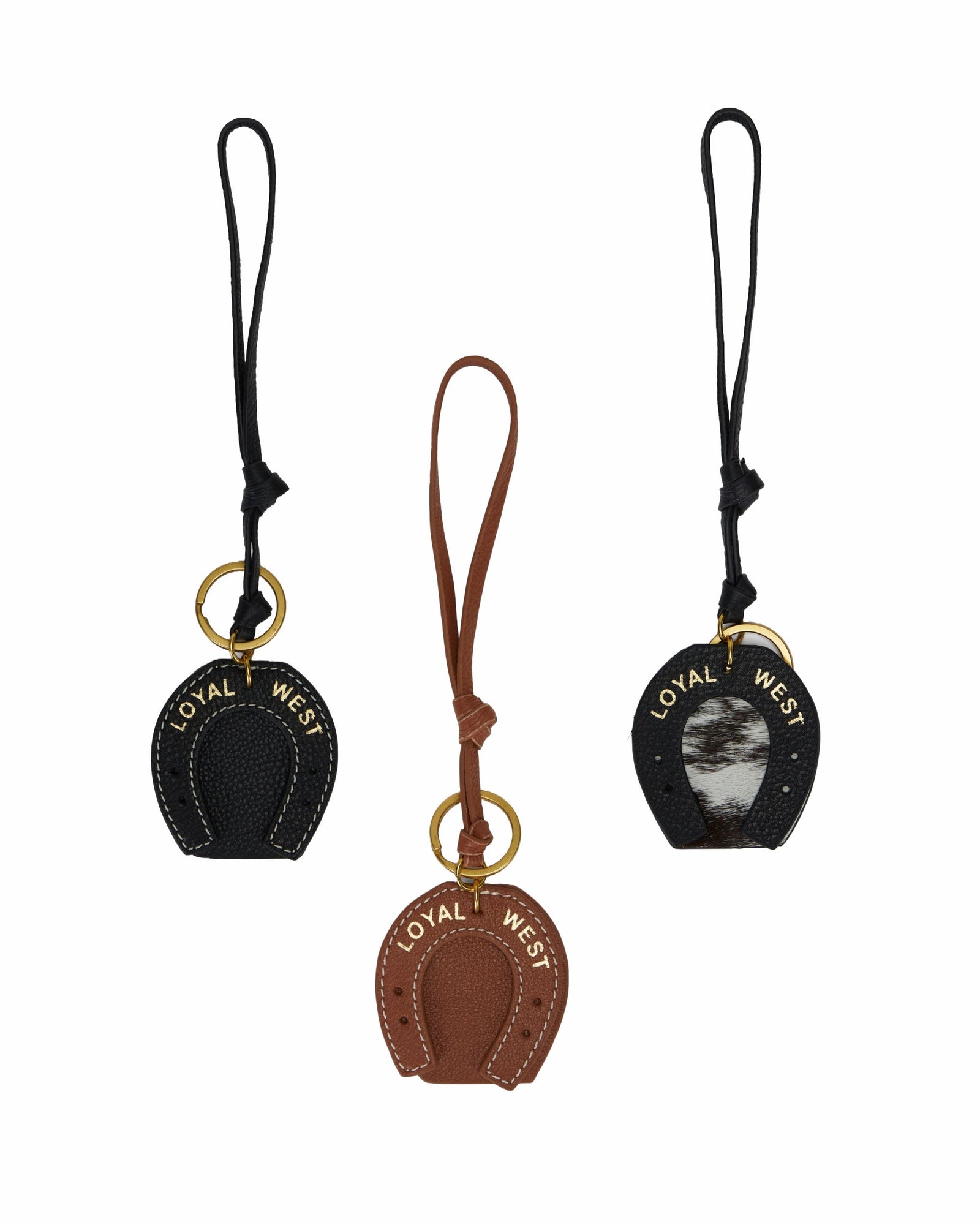 Loyal West Horse Shoe Bag Charm In Black & White Cowhide