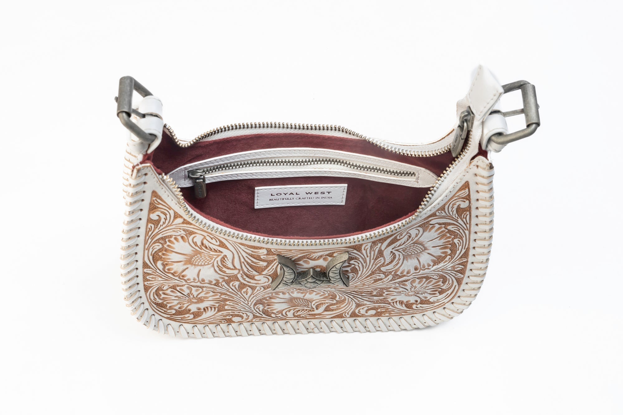 Loyal West Dannia Medium Purse - Ivory Dust  Handtooled Leather And Calfskin