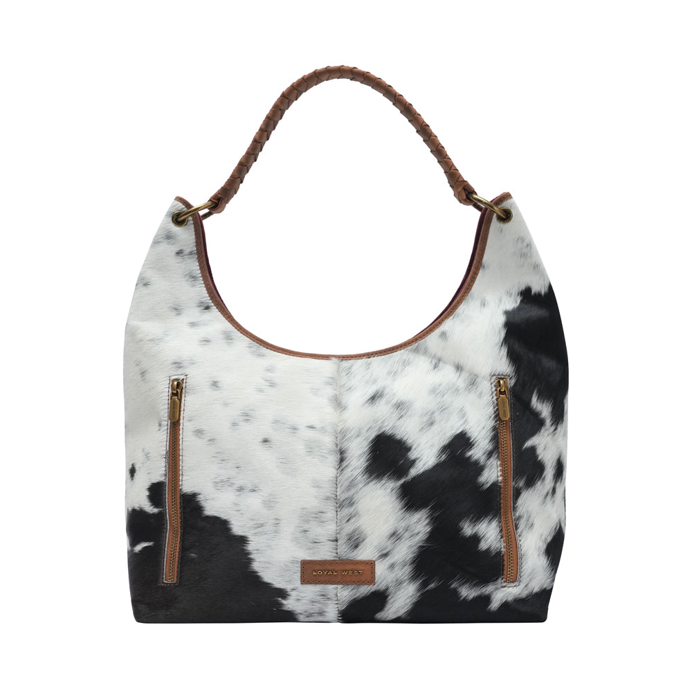 LW LARGE PURSE - BLACK & WHITE COWHIDE WITH BROWN LEATHER