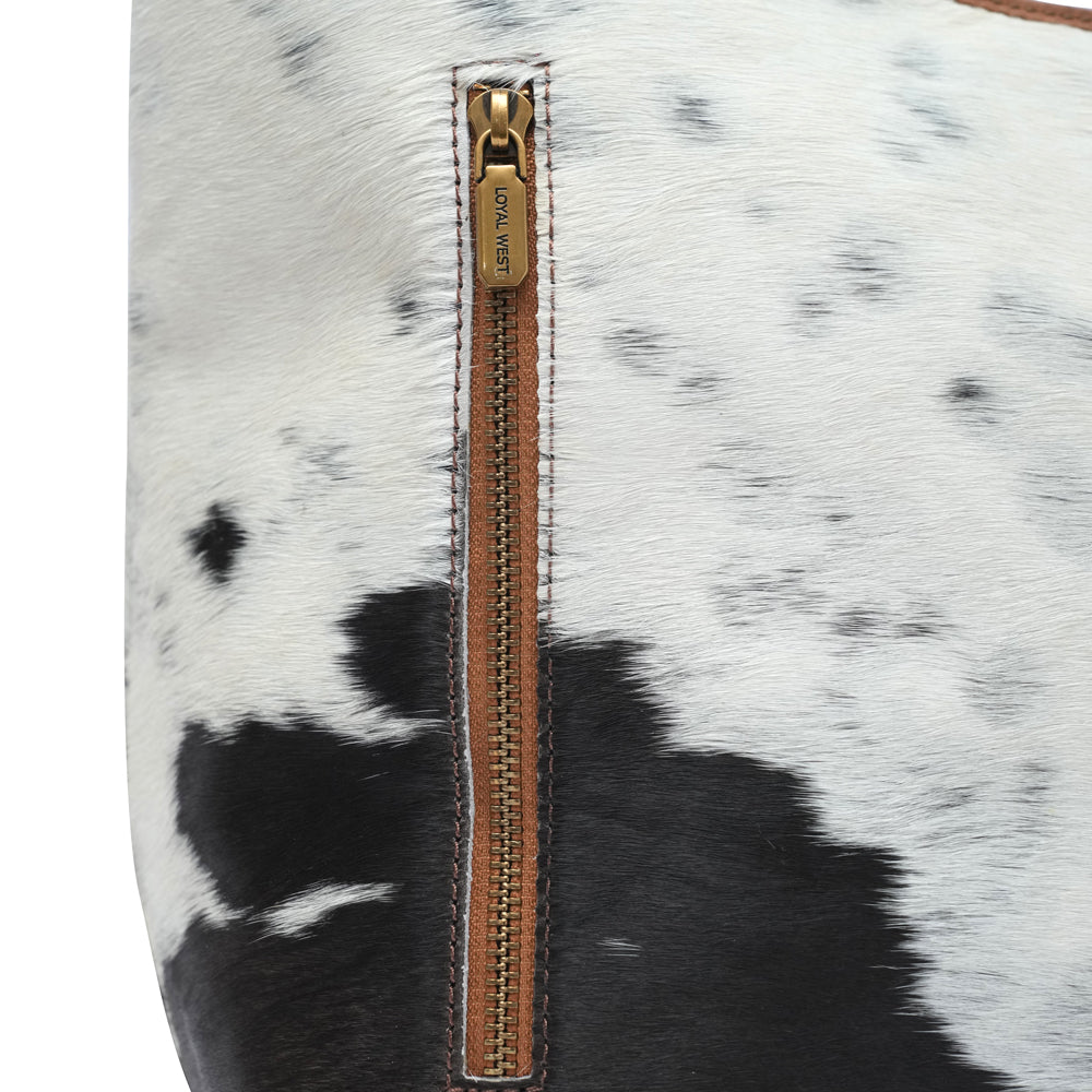 LW LARGE PURSE - BLACK & WHITE COWHIDE WITH BROWN LEATHER